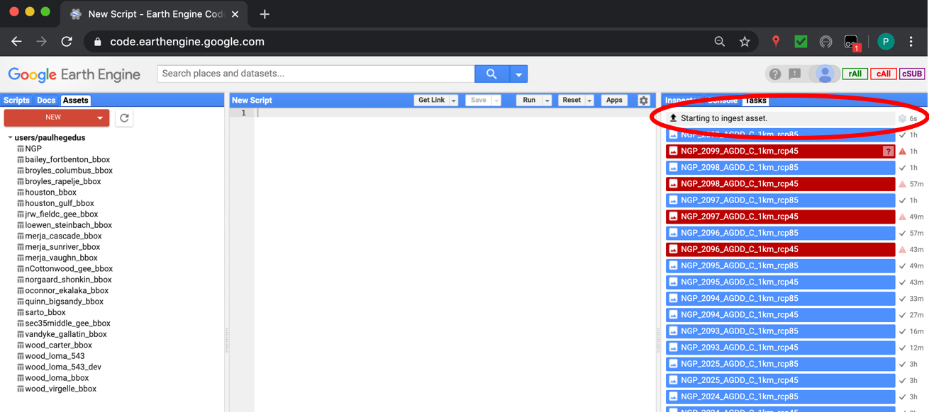 Note that you will likely not have any other tasks present in the right side pane of the Google Earth Engine page.