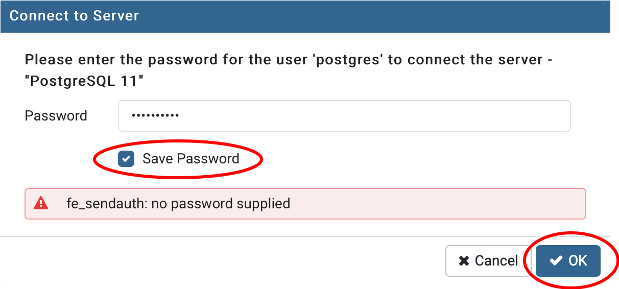 Select the 'Servers' drop down in the left hand pane to activate the password pop up. Enter the password from Step 8 and check 'Save Password' then 'OK'. You may or may not see this error message.