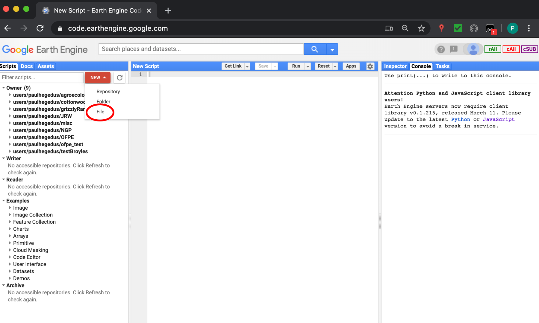 Note that you will likely not have any repositories in the left side pane of the Google Earth Engine page. Follow the steps for any repositories or folders you desire before creating the file.